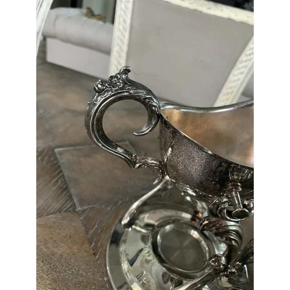 Vintage Ornate Silver‎ Plate Gravy Boat Server Pedestal With Warming Stand
